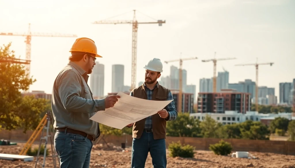 Austin construction scene with workers collaborating on projects amid a dynamic skyline.