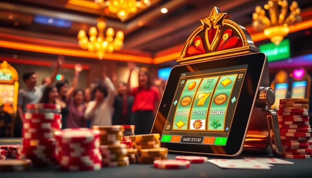 Slot deposit pulsa tanpa potongan ditampilkan dengan adegan kasino yang penuh warna, menampilkan pemain yang menang dan antarmuka perjudian modern.