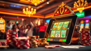 Slot deposit pulsa tanpa potongan ditampilkan dengan adegan kasino yang penuh warna, menampilkan pemain yang menang dan antarmuka perjudian modern.