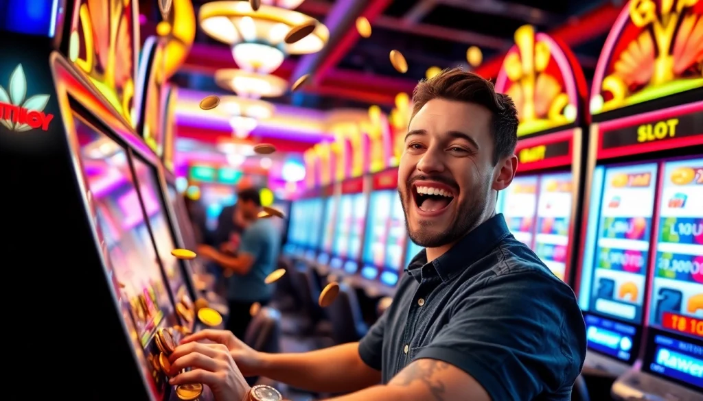 Permainan slot depo 1k dengan tampilan mesin slot yang mengesankan dan pemain yang bersemangat.