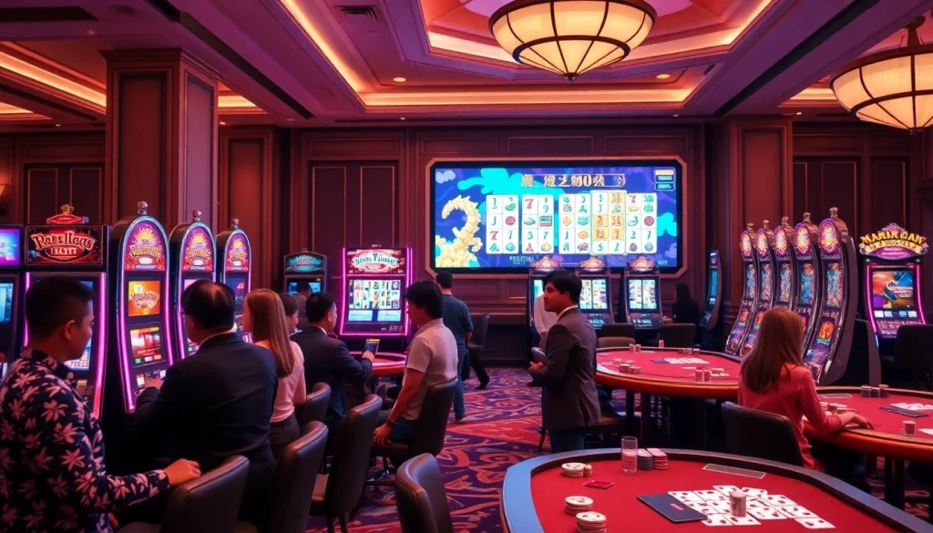 Berpartisipasi dalam permainan slot demo Mahjong di lantai kasino yang meriah dengan mesin-mesin berwarna-warni.