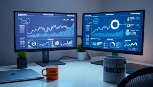 Infosec-focused workspace with digital Amazon price tracking charts on monitors.