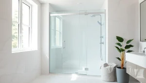 Elegant shower screen door showcased in a modern bathroom with natural light.