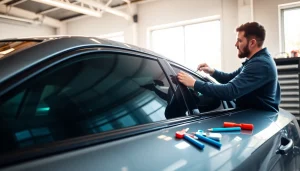Apply auto window tint near me on a car by a technician in a modern garage.