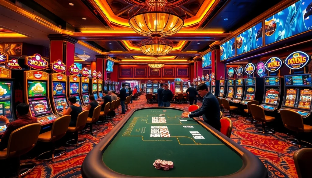 Experience thrilling idnslot games at an elegant casino with vibrant atmosphere and excited players.