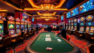 Experience thrilling idnslot games at an elegant casino with vibrant atmosphere and excited players.