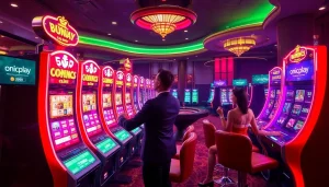 Experience onicplay excitement with vibrant slot machines and players celebrating wins in a luxurious casino.