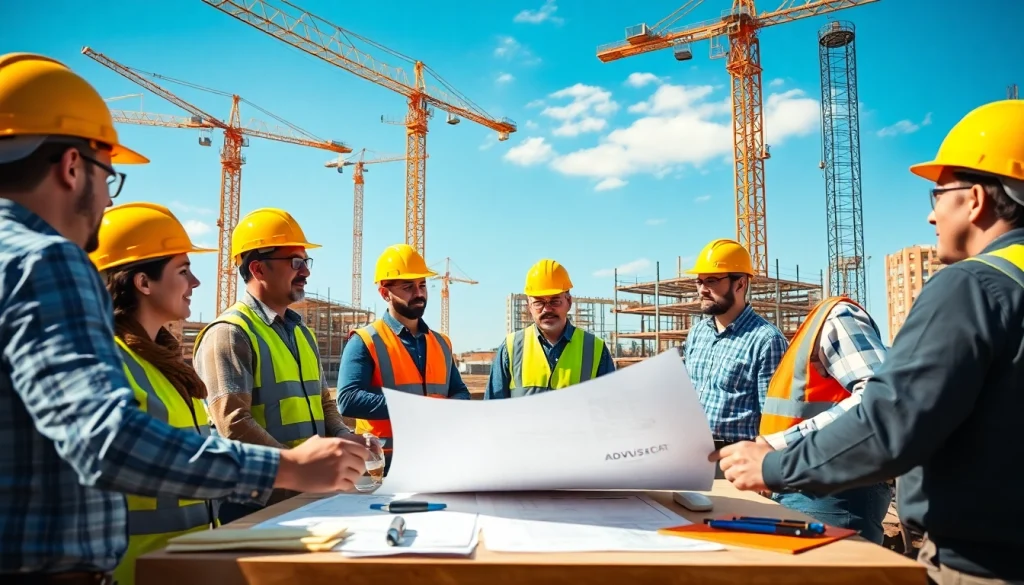 Construction advocacy through teamwork at a bustling site with workers and blueprints.
