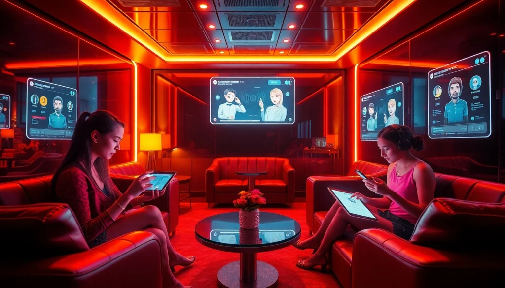 Experience NSFW AI chat in a futuristic digital lounge with interactive chatbots.