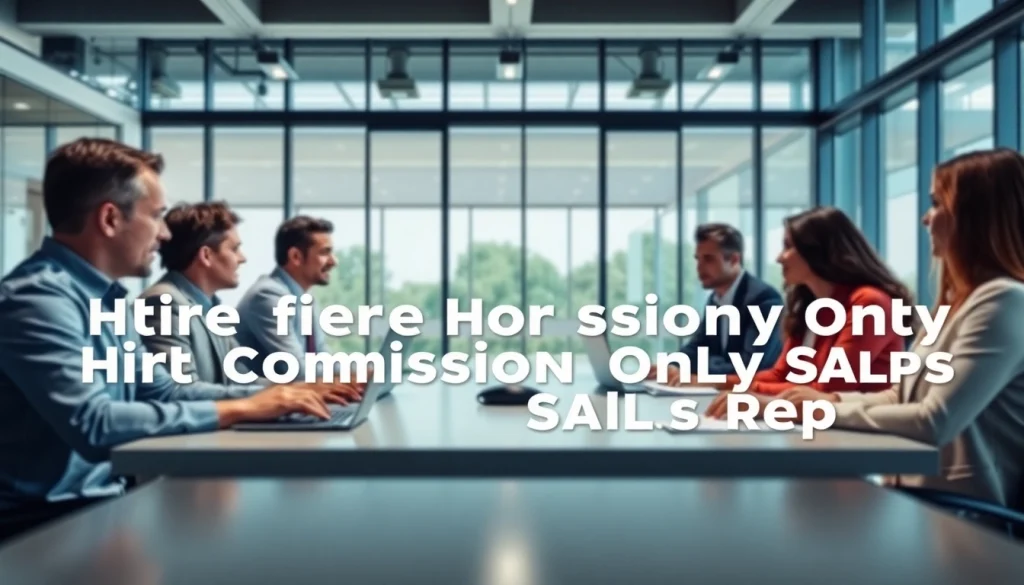 Meeting focused on the best way to hire commission-only sales reps in a modern office setting.