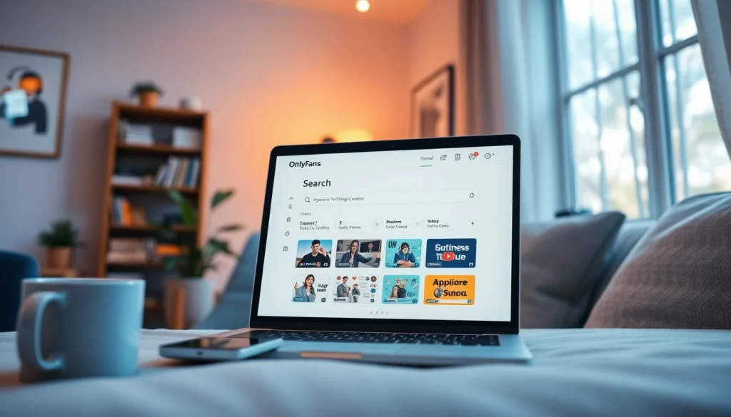 OnlyFans finder tool interface displayed on a laptop in a cozy home office setting