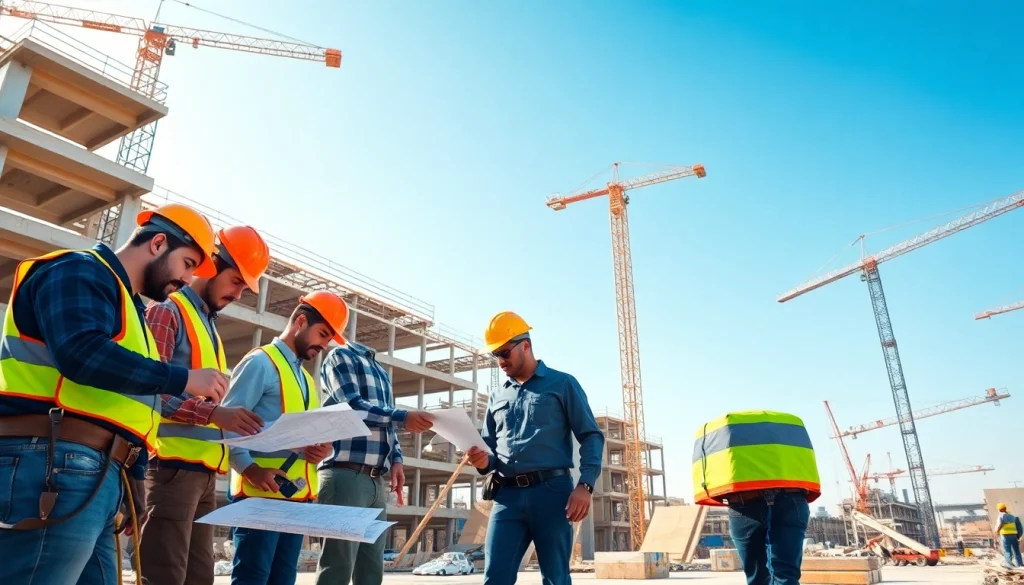 New York General Contractor overseeing construction with skilled workers on site.