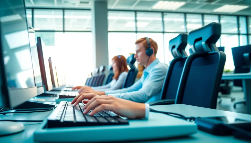 Efficient typists in a modern typing center working with focus and professionalism.