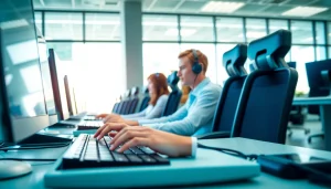 Efficient typists in a modern typing center working with focus and professionalism.