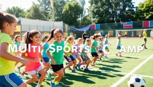 Exciting scene showcasing Multi Sports Camps for Girls with young athletes playing soccer and basketball outdoors.