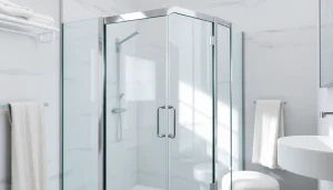 Stylish shower screen door showcasing modern design in a bright bathroom.
