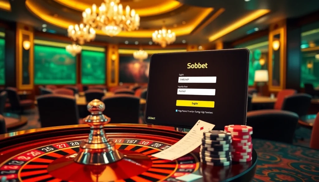 Spectacular sbobet login interface displayed among poker chips and a roulette wheel in a luxurious casino setting.