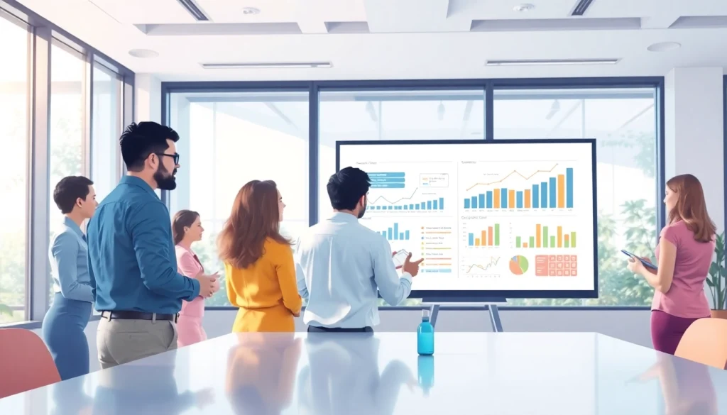 Visualize growth strategy trends in a collaborative business meeting setting.