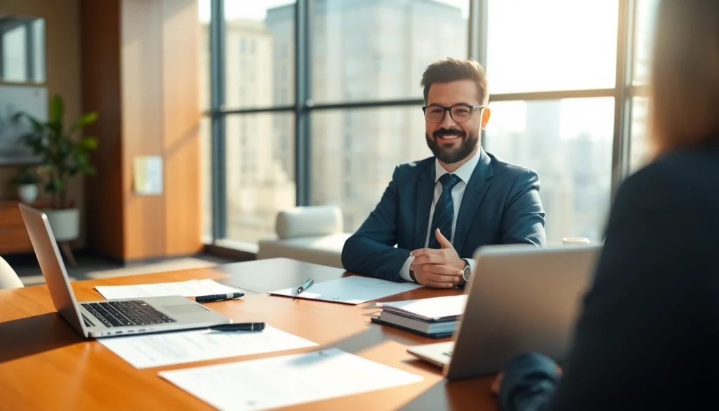 Real estate lawyer consulting clients in a modern office interior.