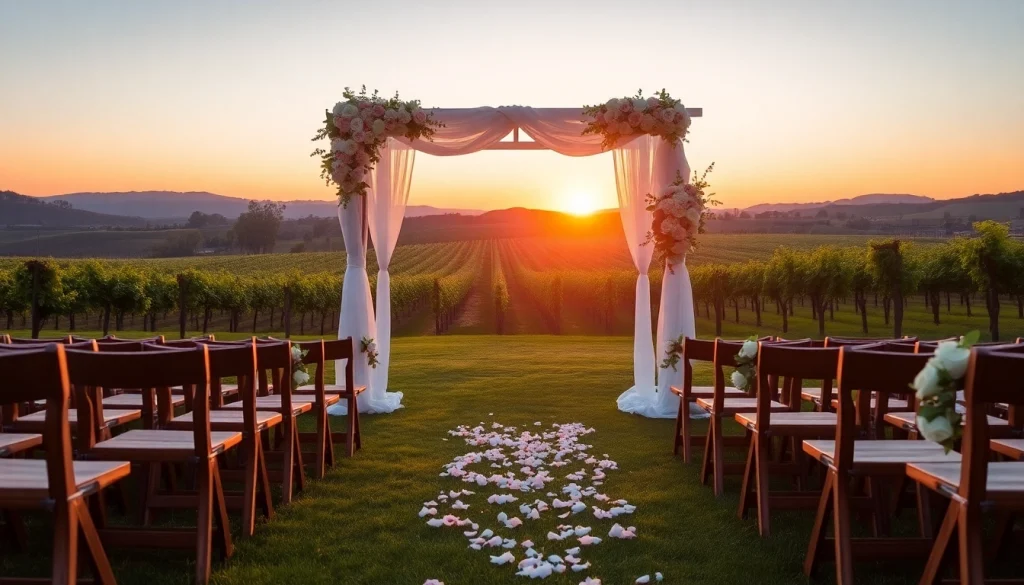 Stunning outdoor ceremony at Clarksburg Wedding Venues with scenic vineyard backdrop.