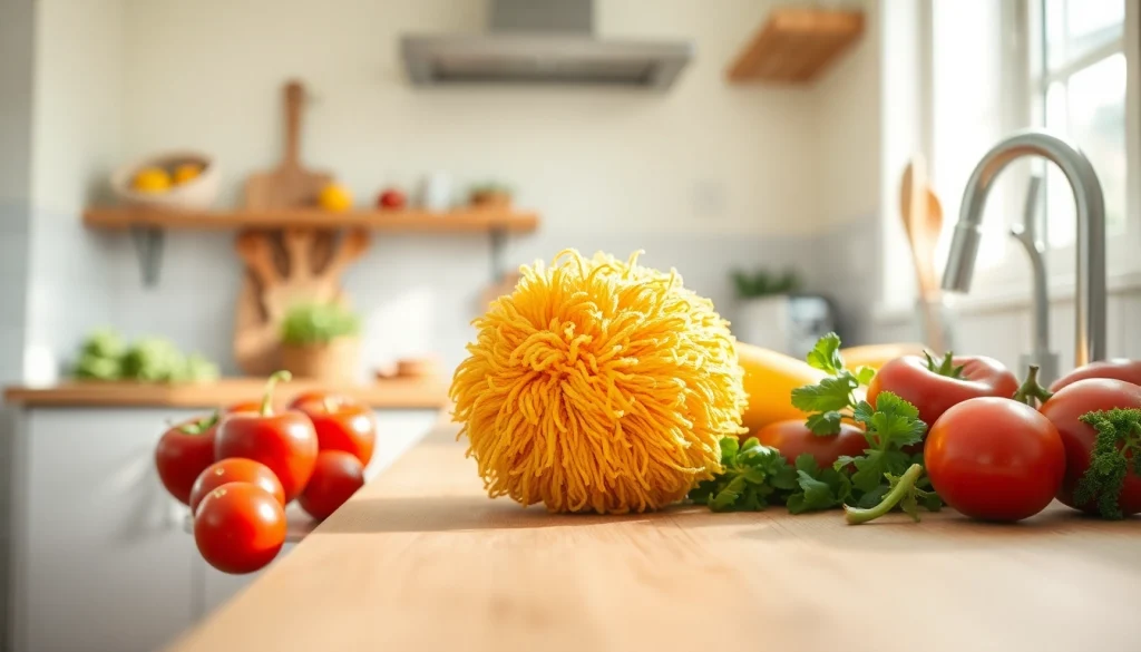 Enhance your cleaning routine with a kitchen loofah scrubber on a wooden countertop.