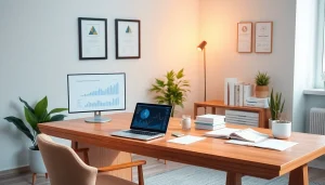 Usługi księgowości w nowoczesnym biurze z wykresami finansowymi i certyfikatami.