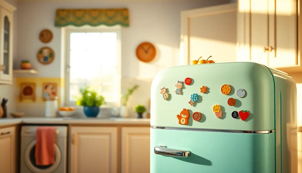 Showcase a vintage retro appliance refrigerator in a cheerful kitchen setting.