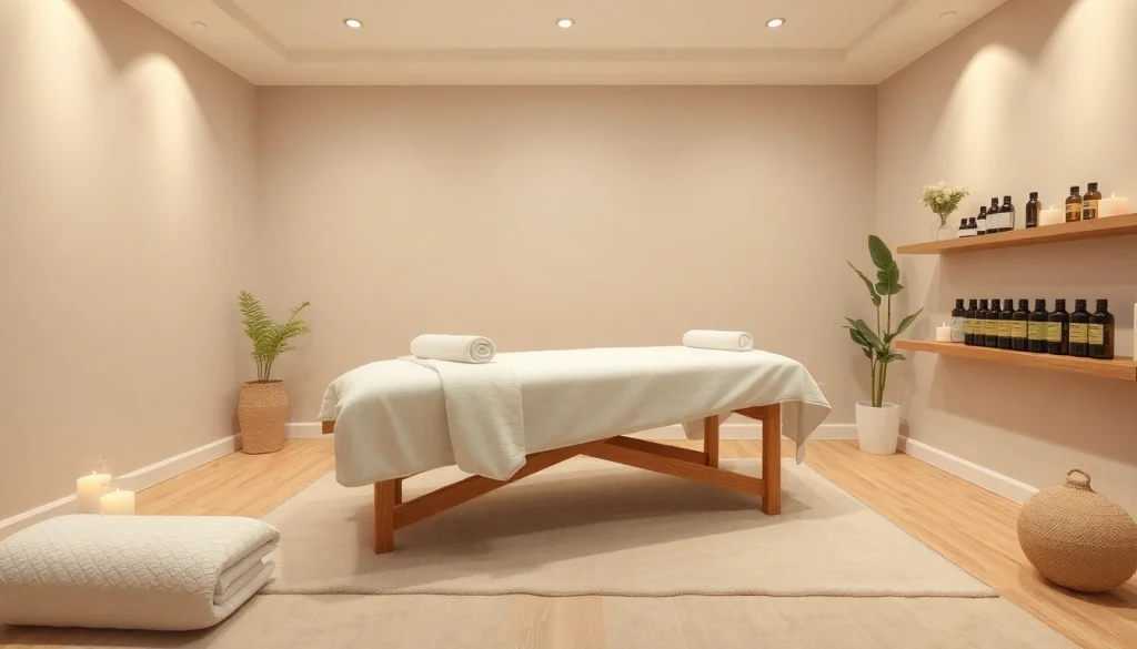 편안한 분위기와 에센셜 오일로 디자인된 휴식을 위한 마사지 치료실.