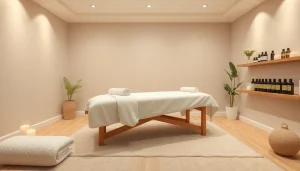 편안한 분위기와 에센셜 오일로 디자인된 휴식을 위한 마사지 치료실.