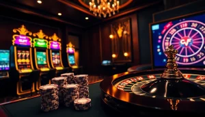 Vivez des moments palpitants au casino en ligne Français avec un environnement de jeu virtuel luxueux comprenant des machines à sous et des jetons de poker.