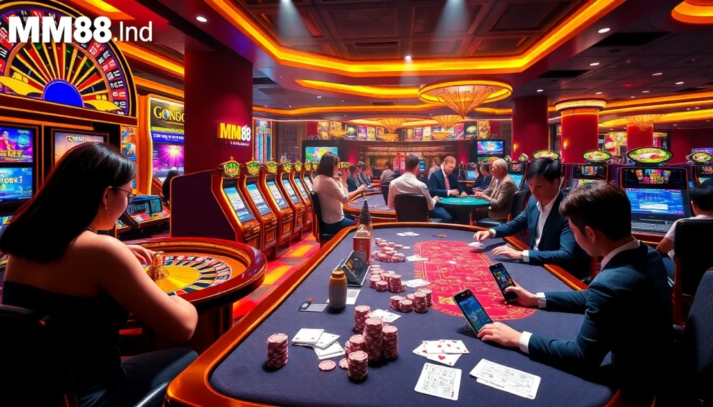 Exciting gamblers enjoy action on MM88.land with vibrant casino tables and mobile interfaces.