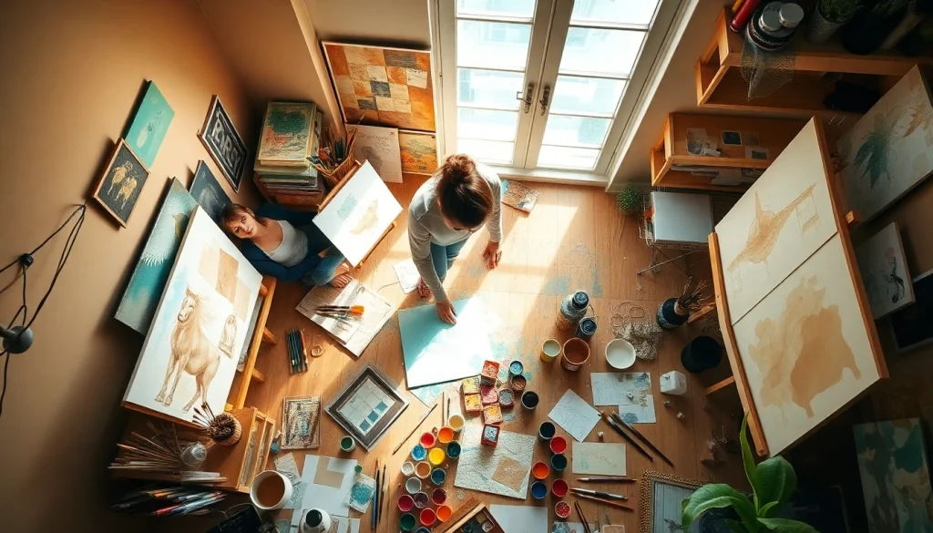 An engaging scene depicting an artist's workspace, showcasing the image to prompt generator for creating AI art prompts.