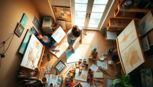 An engaging scene depicting an artist's workspace, showcasing the image to prompt generator for creating AI art prompts.