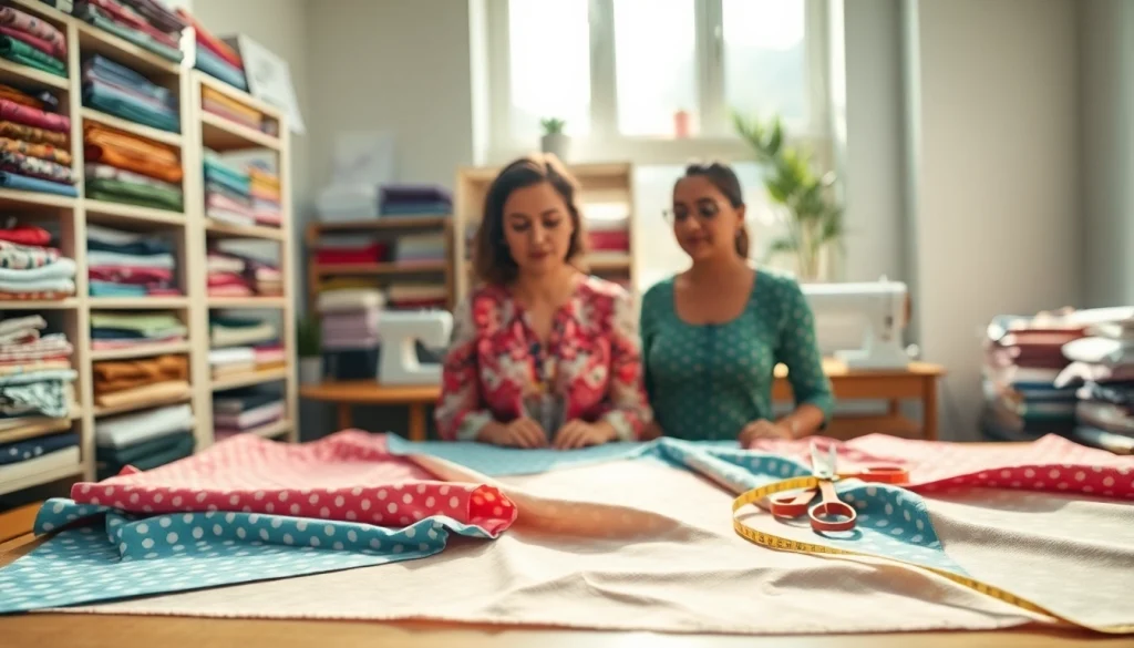 Stof voor blouse selectie met kleurrijke stoffen en naaisetje op tafel.
