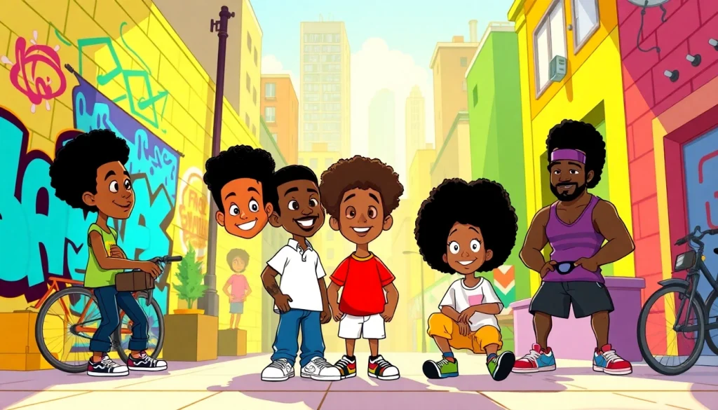 A vibrant scene featuring iconic African American cartoons showcasing diverse characters like Huey and Riley Freeman in an urban setting.