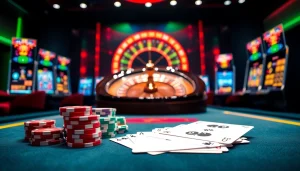 Scène engageante de casino en ligne France avec des tables vibrantes, une roue de roulette et des jetons de poker.