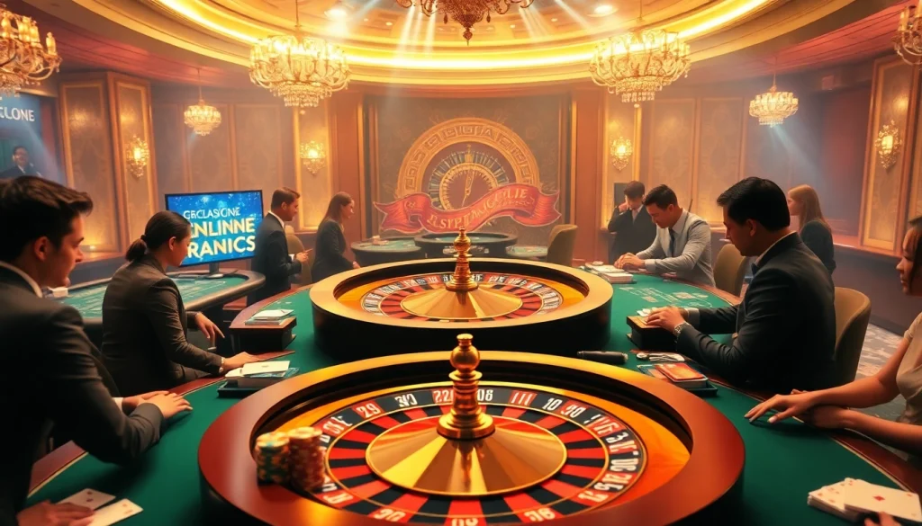 Découvrez l'excitation du casino en ligne Français avec des joueurs pariant à une table luxueuse.