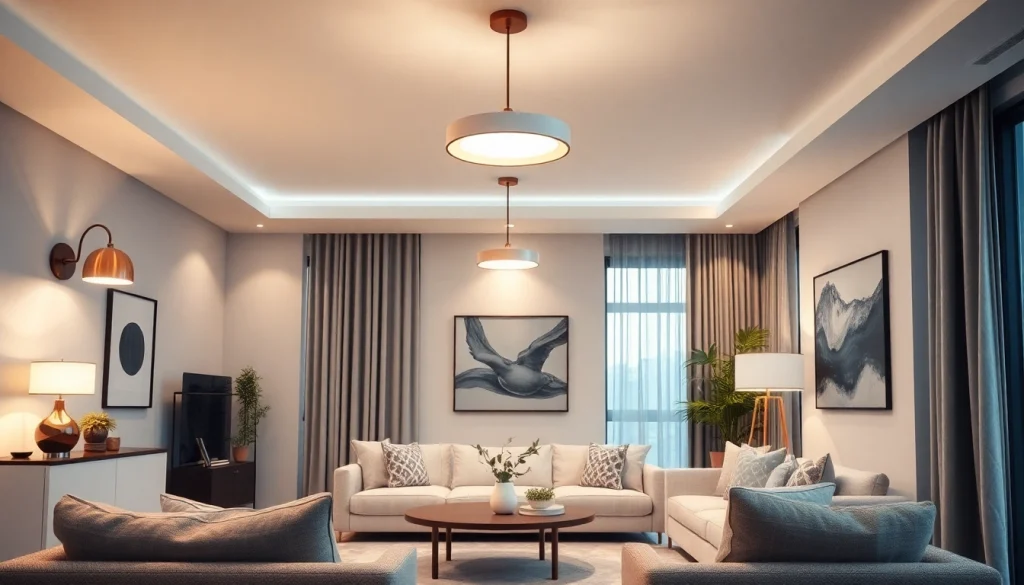 Sleek Illumination design enhances a modern living room with elegant fixtures and warm lighting.
