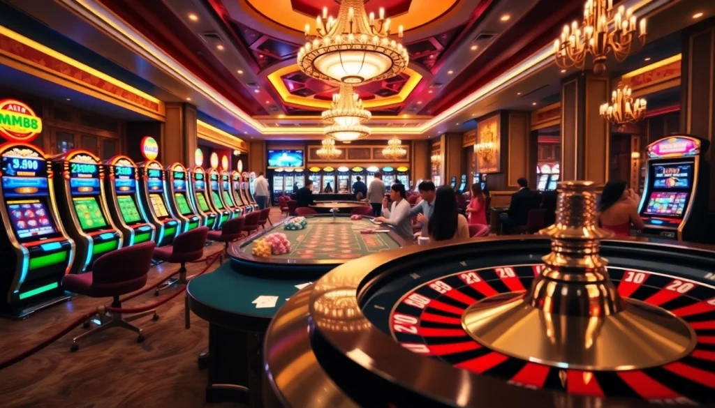 MM88 players enjoying vibrant casino games amid luxurious decor and excitement.