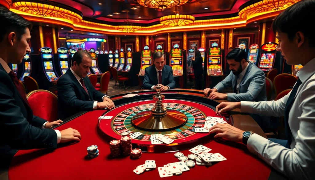 Vivez l'excitation du casino en ligne français avec une élégante table de roulette et des joueurs.