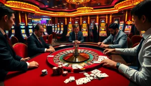 Vivez l'excitation du casino en ligne français avec une élégante table de roulette et des joueurs.