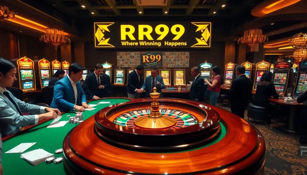 Exciting casino scene at RR99 with roulette table and eager players betting