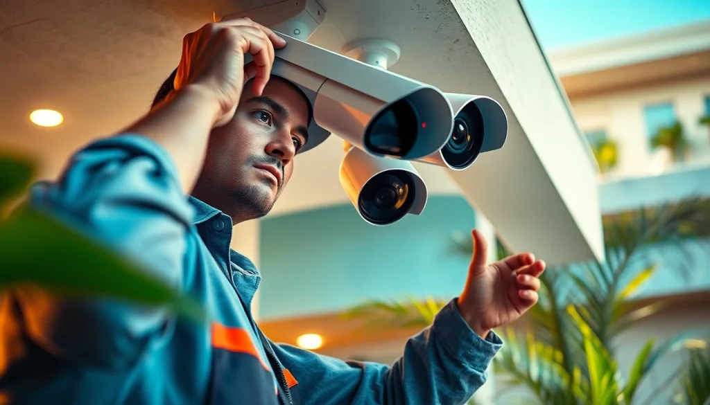 Cámaras de seguridad en Liberia con un técnico profesional instalando equipo de vigilancia de alta tecnología en un entorno doméstico moderno.