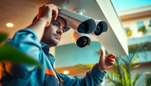 Cámaras de seguridad en Liberia con un técnico profesional instalando equipo de vigilancia de alta tecnología en un entorno doméstico moderno.