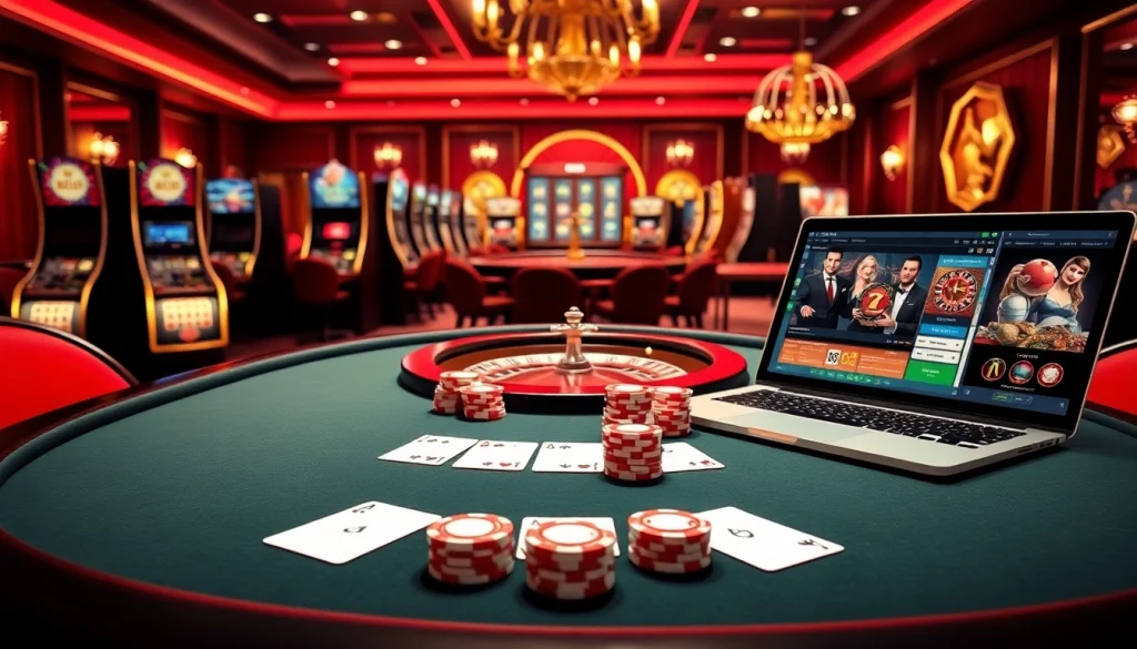 Plongez dans l'excitation du casino en ligne France avec des jetons de poker colorés et des tables de jeu élégantes.