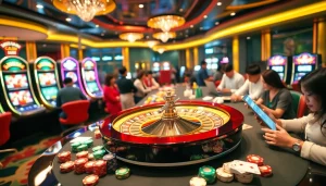 Une scène animée de casino en ligne Français avec une roue de roulette, des jetons de poker et des joueurs excités.