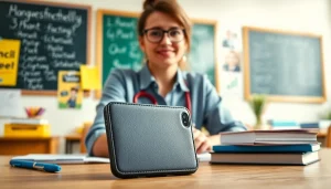 Modische Handytasche Lehrer auf einem Schreibtisch in einem hellen Klassenzimmer.