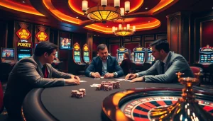 Engage in a thrilling poker game at 8kbet, surrounded by vibrant casino elements and luxury.