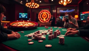 Vivez l'excitation du casino en ligne Français à une table de poker élégante avec des jetons vibrants.
