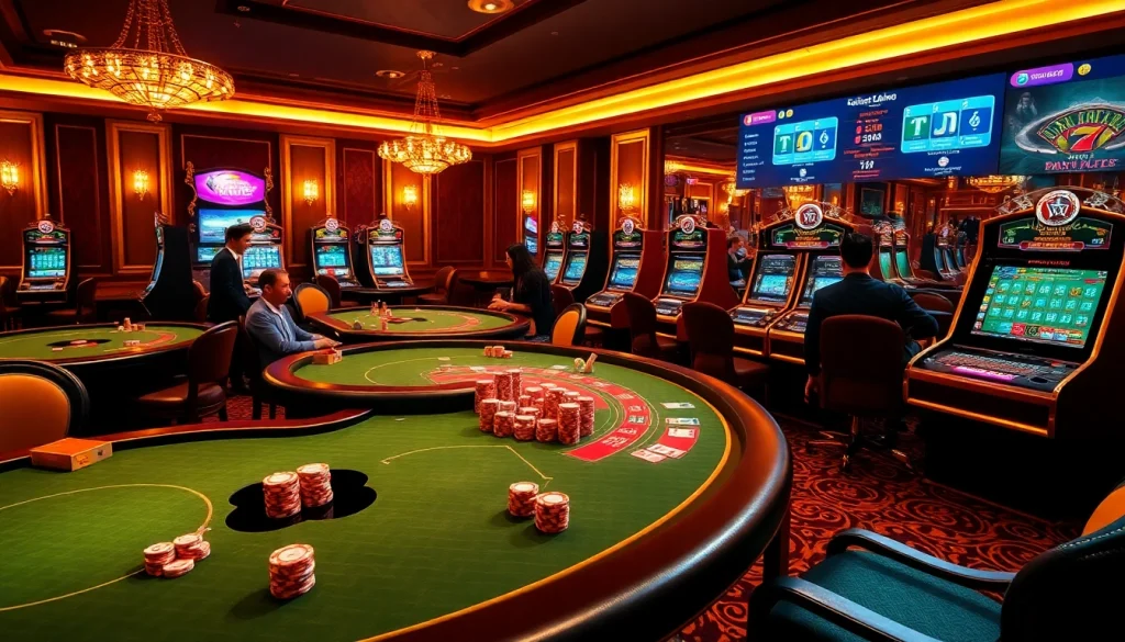 Joueurs engagés dans un luxueux casino en ligne français avec des tables vibrantes et un gameplay dynamique.